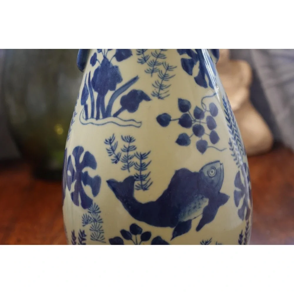 Blue and White Chinoiserie Fish‎ Motif Ceramic Vase with Handles 11 Inch Tall